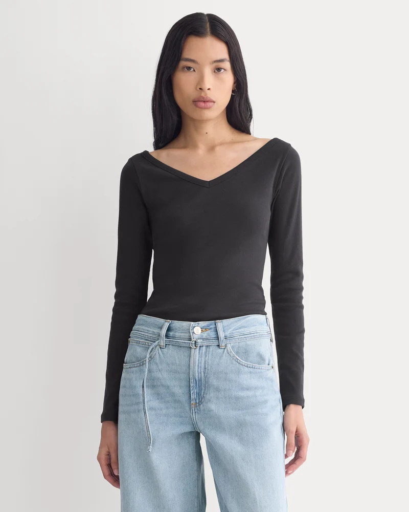 RetroSoft Cotton Wide V-Neck Top | Black