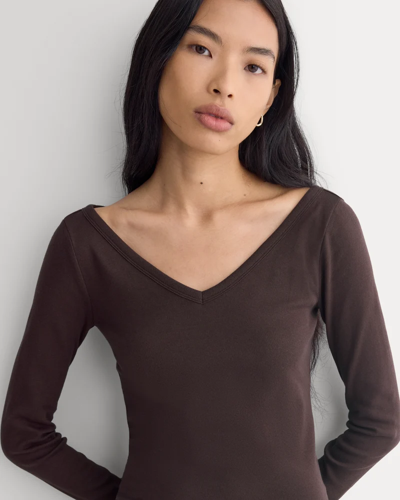 RetroSoft Cotton Wide V-Neck Top | Coffee Bean