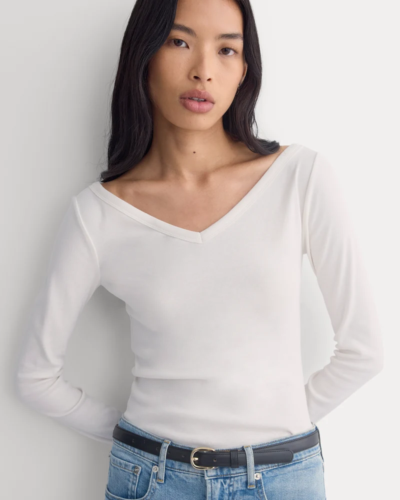 RetroSoft Cotton Wide V-Neck Top | Bone