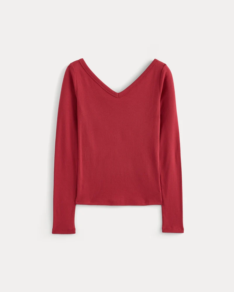 RetroSoft Cotton Wide V-Neck Top | Vintage Red