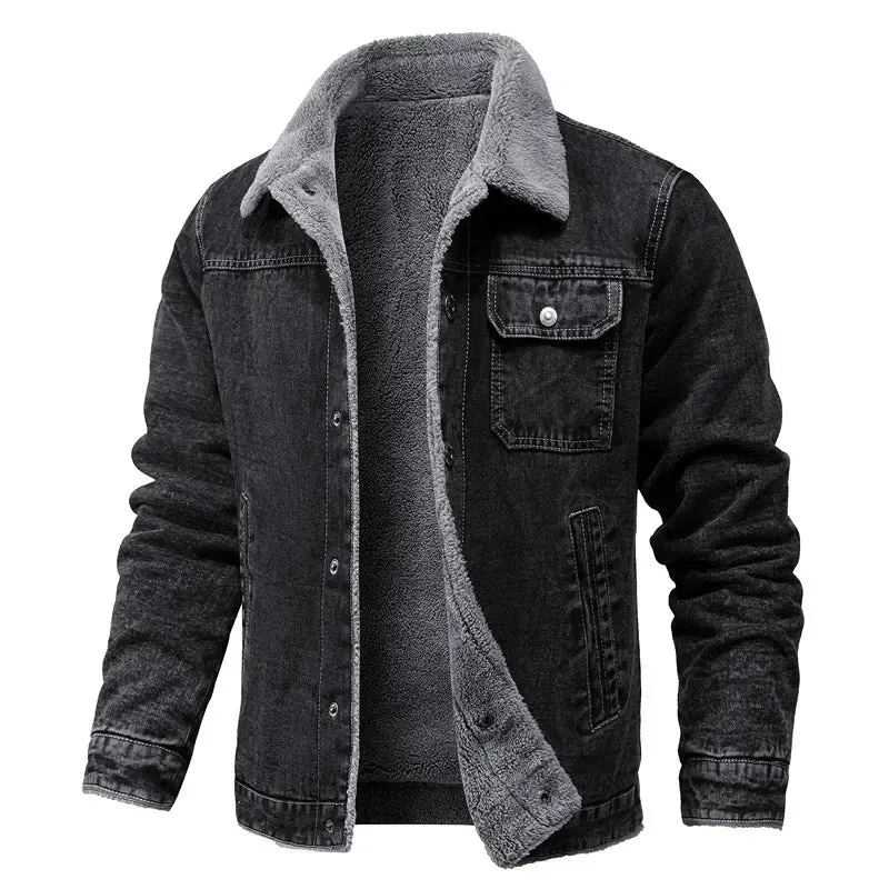 Zwarte winterjassen van denim voor heren, warme fleecejassen