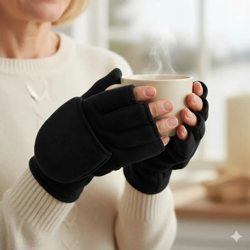 OZERO 2-in-1 Damen & Herren Strickhandschuhe aus Wolle | Fingerlose Klapphandschuhe & Fäustlinge