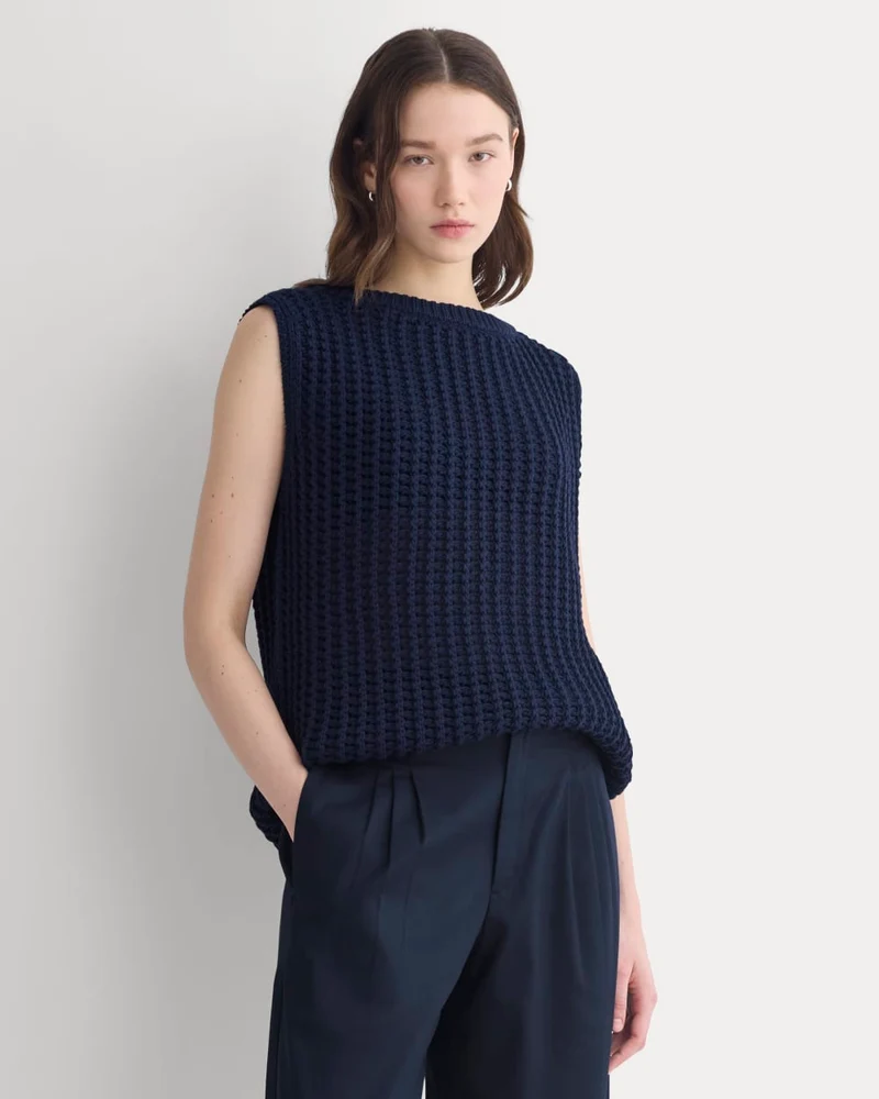 Open-Knit Tunic Vest in Elevated Cotton | Navy