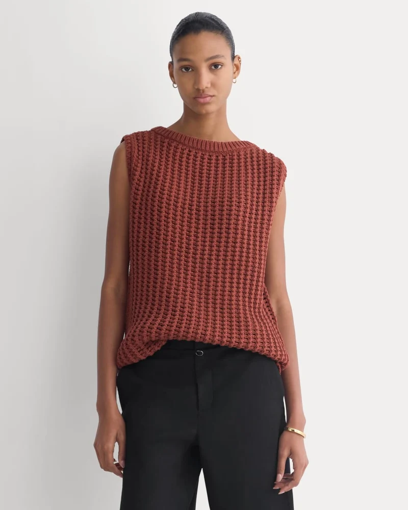 Open-Knit Tunic Vest in Elevated Cotton | Henna Red