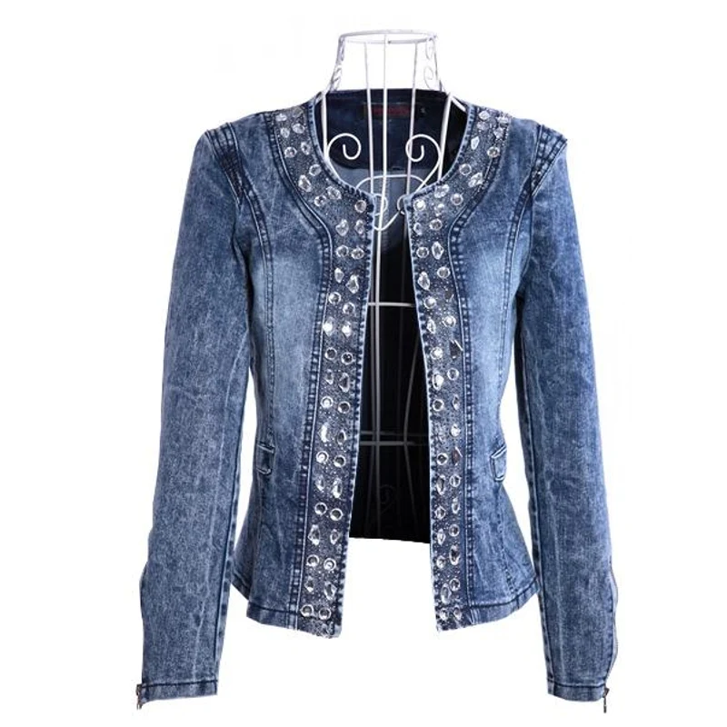 Herfst elastische denim strass lovertjes retro korte jas denim jack