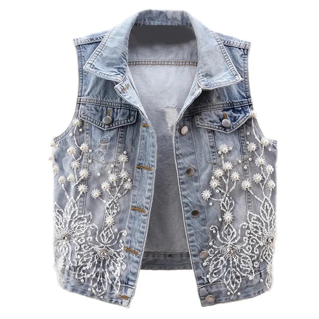 Dames denim vest parels vesten