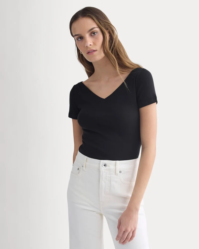 Tissue Short-Sleeve V-Neck Top | Black