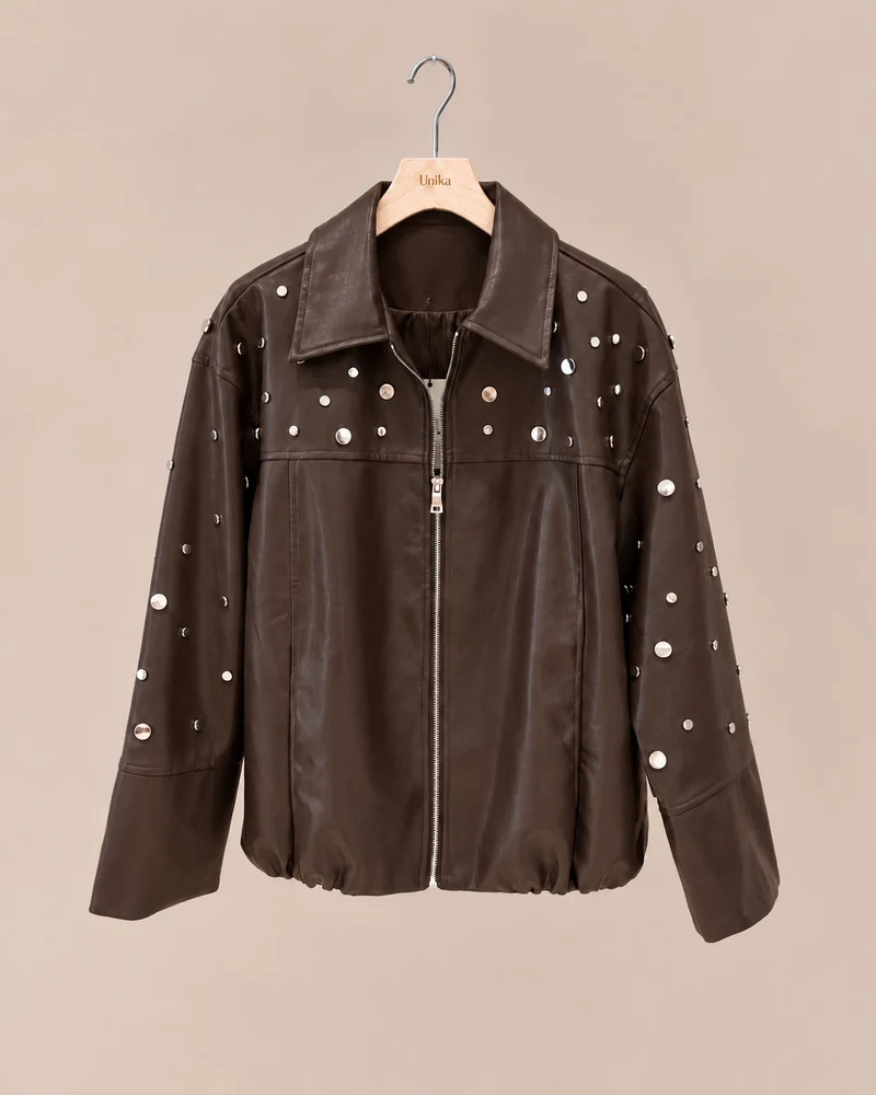 Leatherlook jacket met studs Noa Donkerbruin