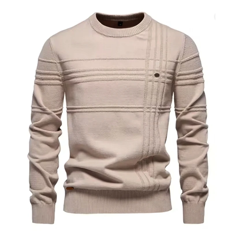 Herenpullover met ronde hals, gebreide katoenen trui met strepen