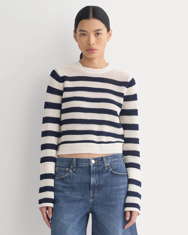 Open Knit Long-Sleeve Crew in Everyday Cotton | Canvas / Navy