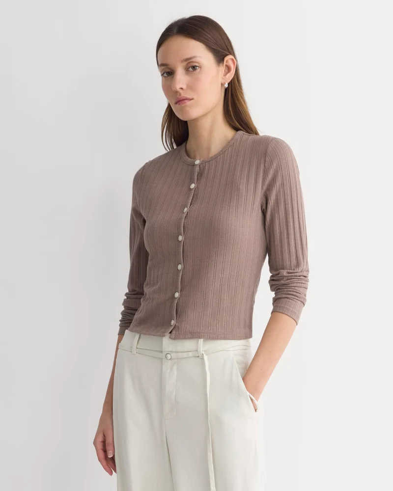 Cardigan in Pointelle | Heathered Chocolate Chip