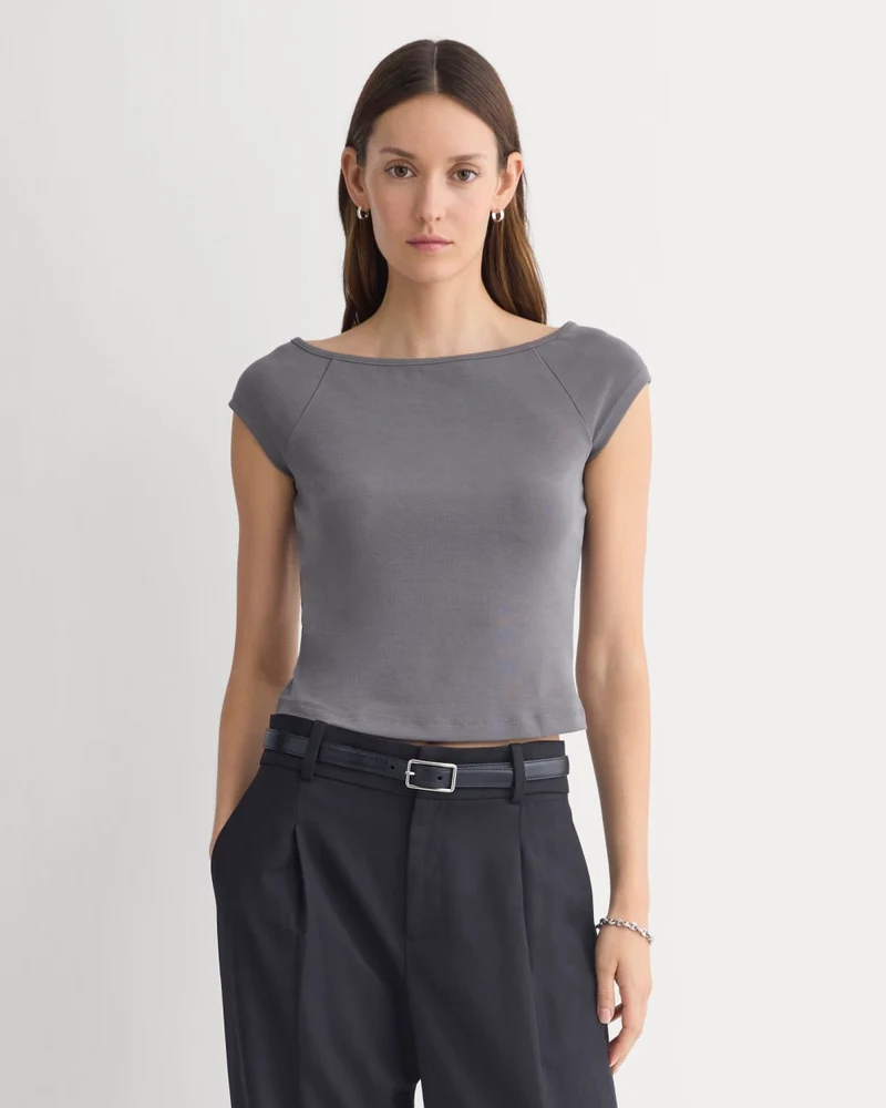 Boatneck Cap-Sleeve Top in Butterknit | Charcoal Grey