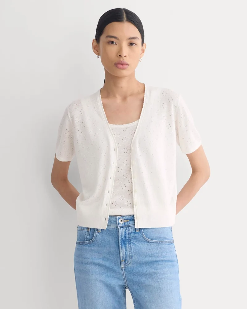 Lace Trim Cardigan in Fine Linen | Bone