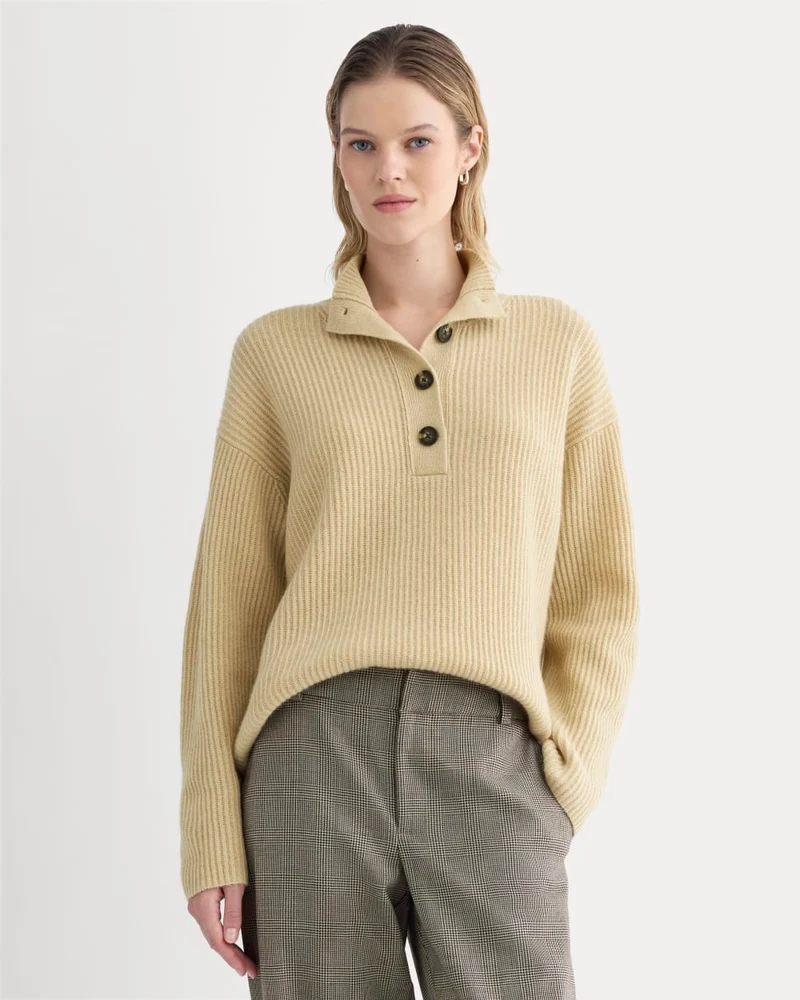 The Cocoon Henley in Wool Cashmere | Heather Light Camel