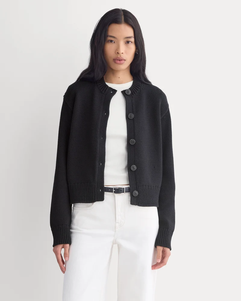 Open-Knit Cardigan Crew in Elevated Cotton | Black
