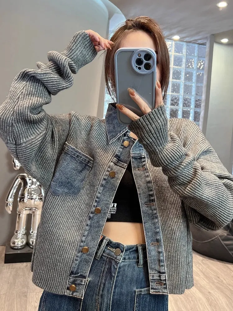 Retro Denim gebreide Dames Jas Top