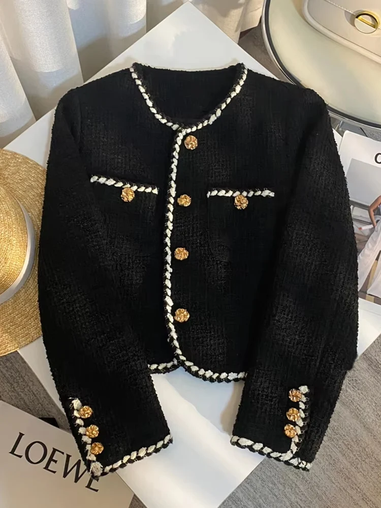Vintage Tweed Zwarte Blazer Voor Dames
