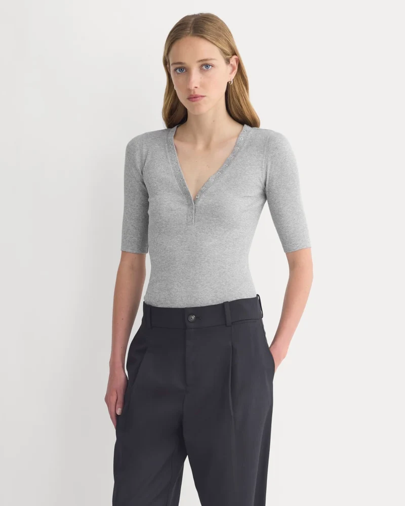 Luxe Rib V-Neck Henley | Heathered Light Grey