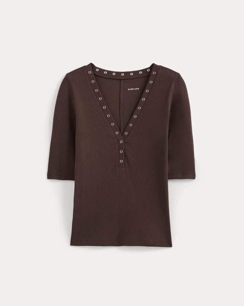 Luxe Rib V-Neck Henley | Coffee Bean