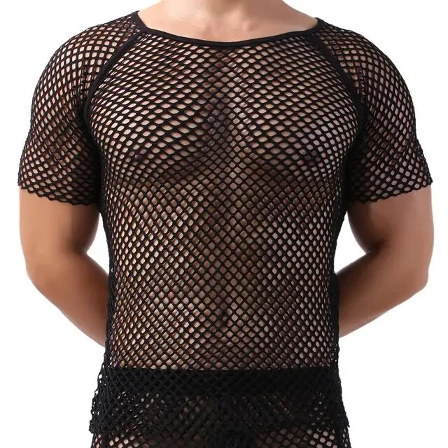 Sexy mesh doorzichtige T-shirts voor heren | T-shirts met korte mouwen en O-hals