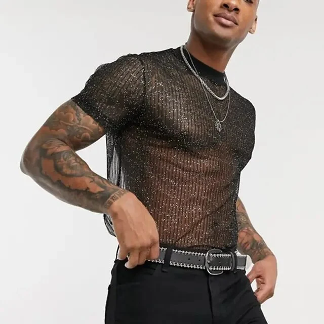 Mesh-overhemd met korte mouwen voor heren | Sexy T-shirt voor nachtclub