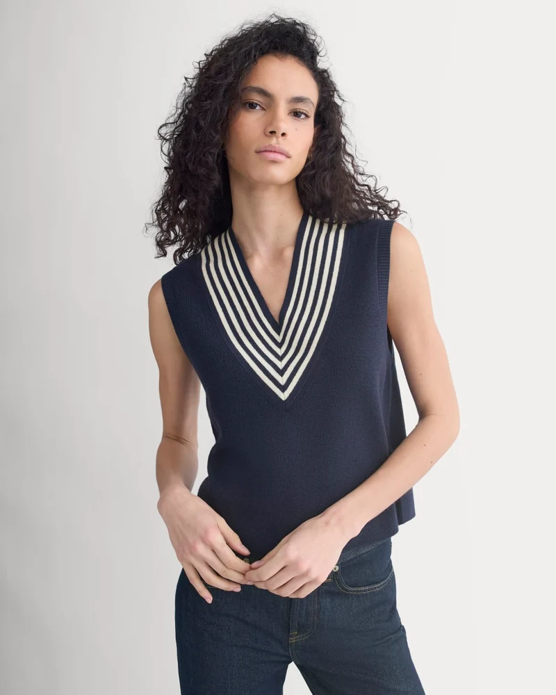 Relaxed V-Neck Vest in Cotton Merino | Navy