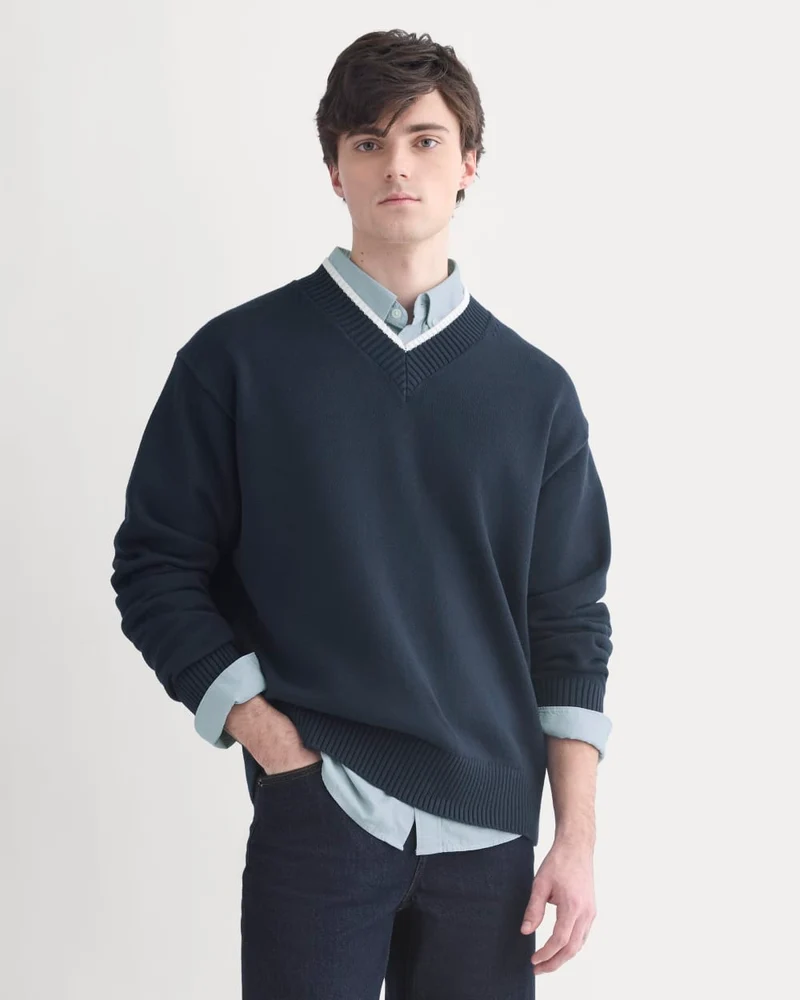 Relaxed V-Neck Sweater in Everyday Cotton | Deep Navy