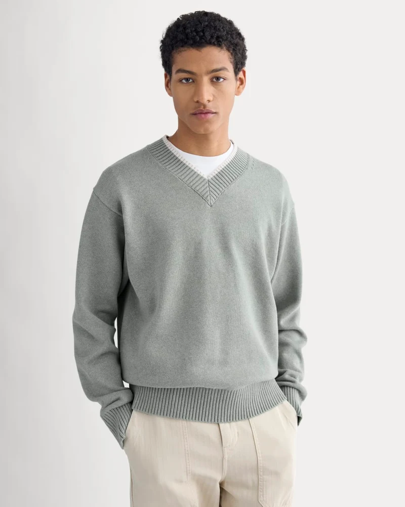 Relaxed V-Neck Sweater in Everyday Cotton | Heathered Lilypad
