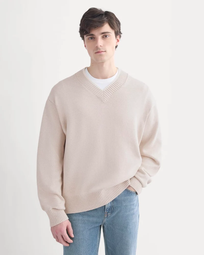Relaxed V-Neck Sweater in Everyday Cotton | Heathered Oat