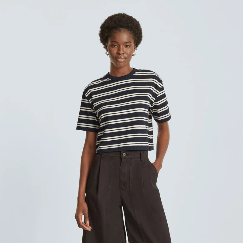 The Organic Cotton Cropped Tee | Navy / Tan