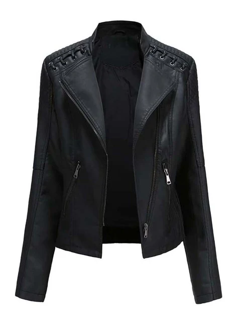 Zwarte kunstleren damesjas met lange mouwen, slim fit model, bikerjas
