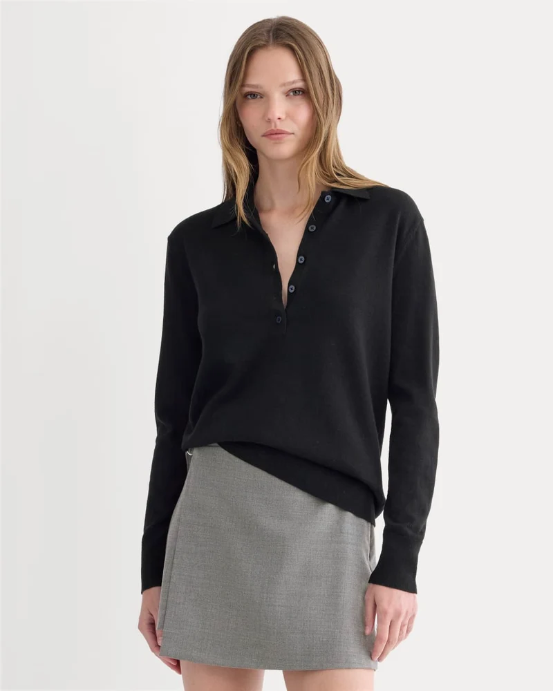 Oversized Polo Sweater in Cotton Merino | Black