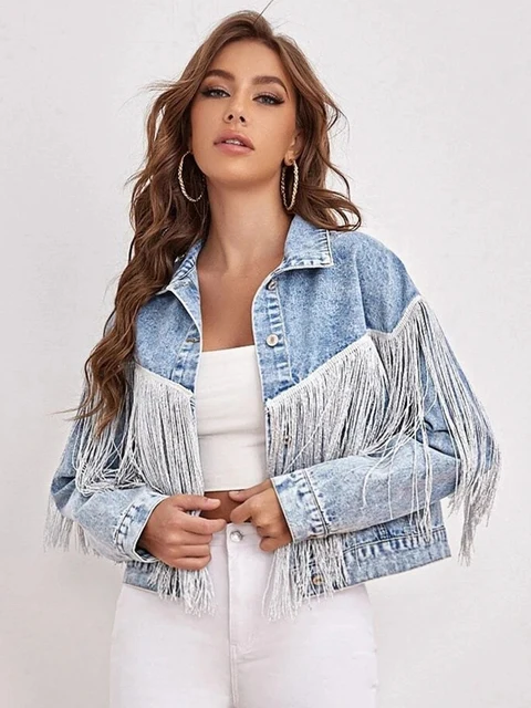 Losse, met kwastjes gewassen blauwe denim streetwearjas