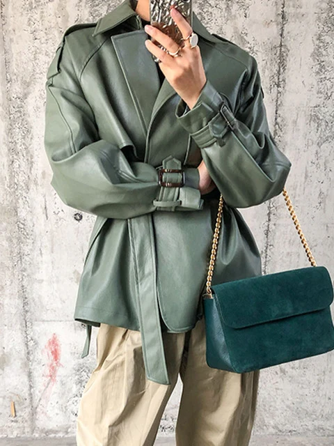 Groene faux PU-leer casual met riem Bikerjas