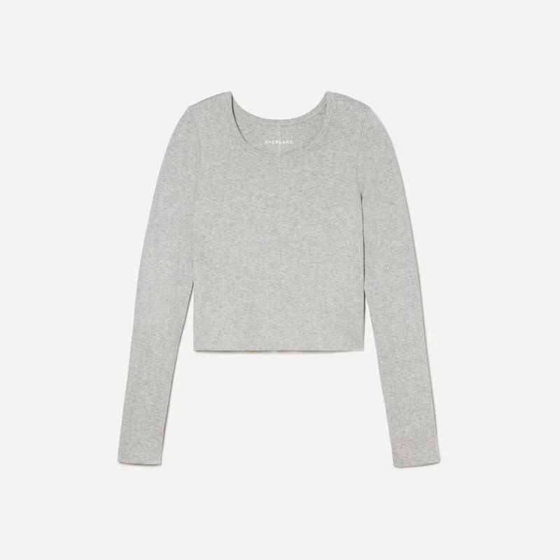 The Pima Micro-Rib Cropped Long-Sleeve Crew | Heathered Grey