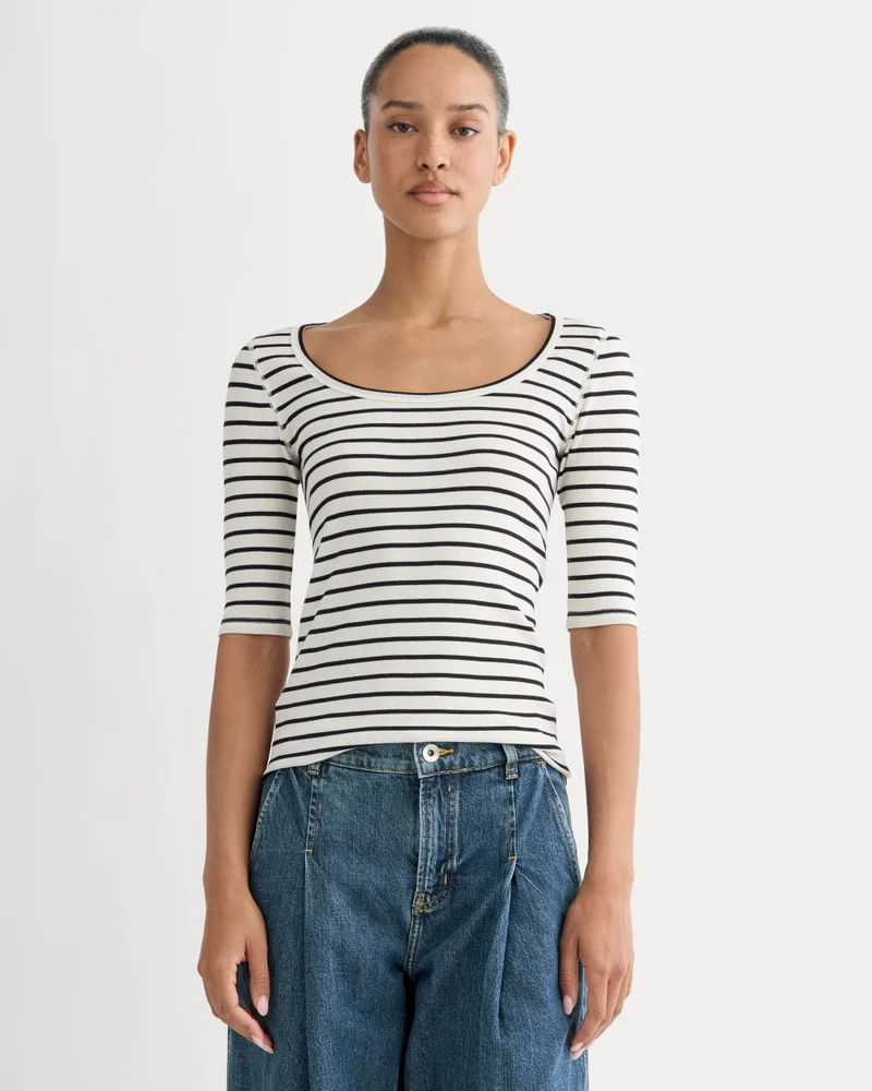 The Luxe Rib Scoop-Neck Tee | Bone / Black