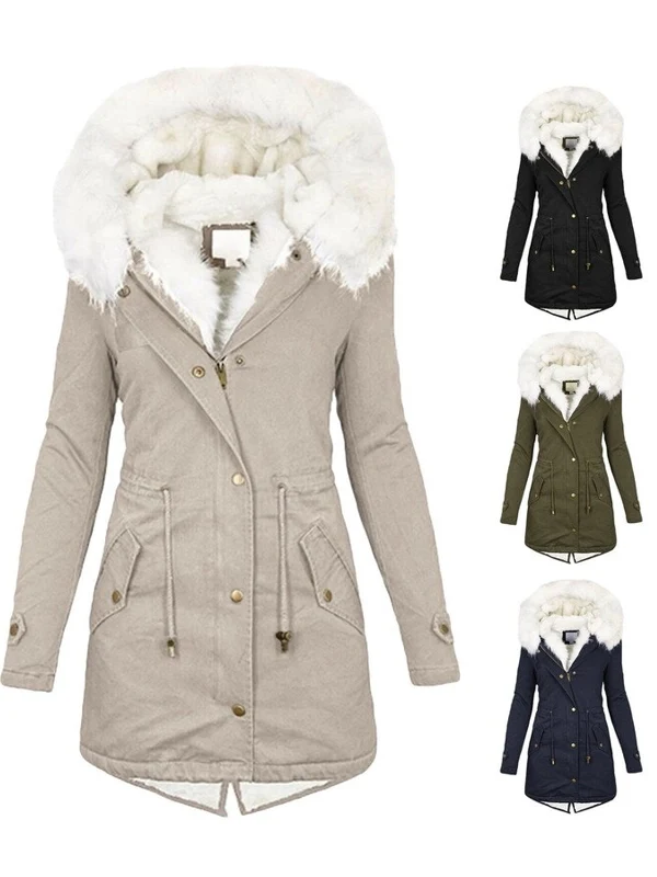 Dames winterbeige jas met capuchon en ritssluiting