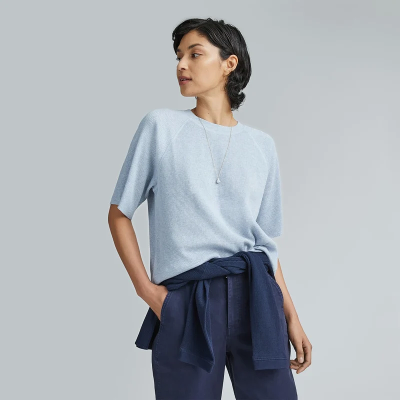 The Organic Cotton Waffle Raglan Tee | Heathered Light Blue