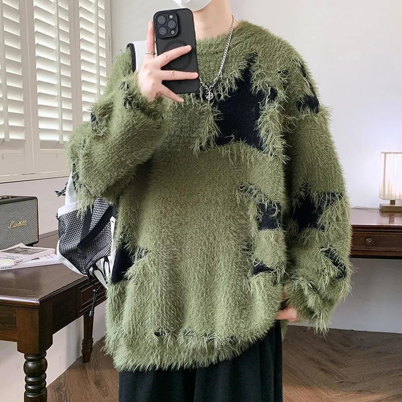 Gescheurde trui heren losse ronde hals gebreide onderkant shirt