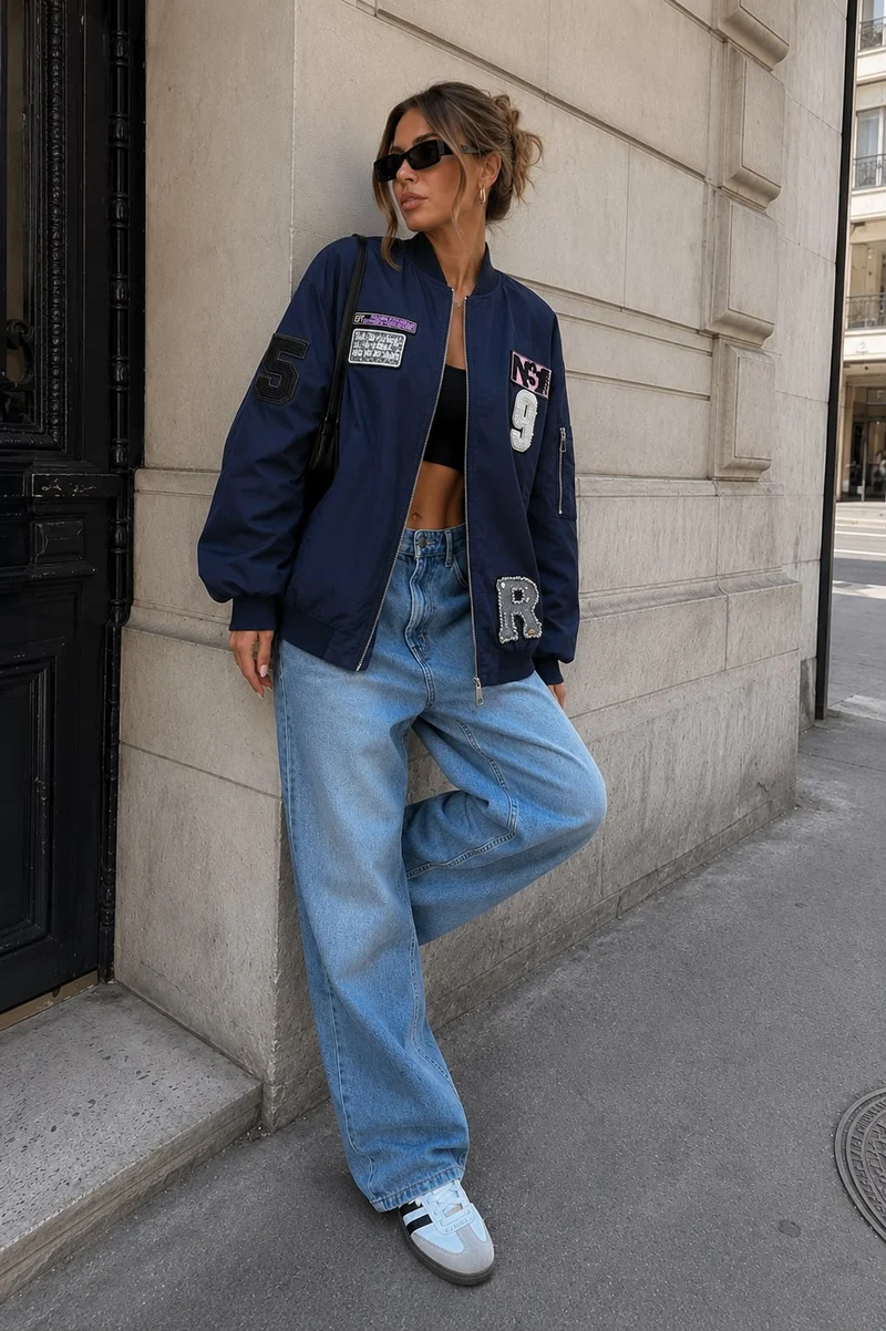 Bomberjacket met patches Gigi Donkerblauw