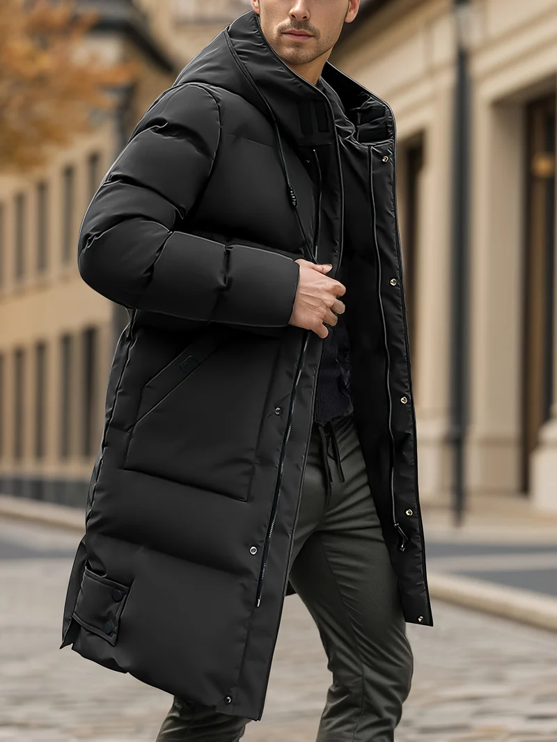 Heren zware winterjas met capuchon, lange formele pasvorm