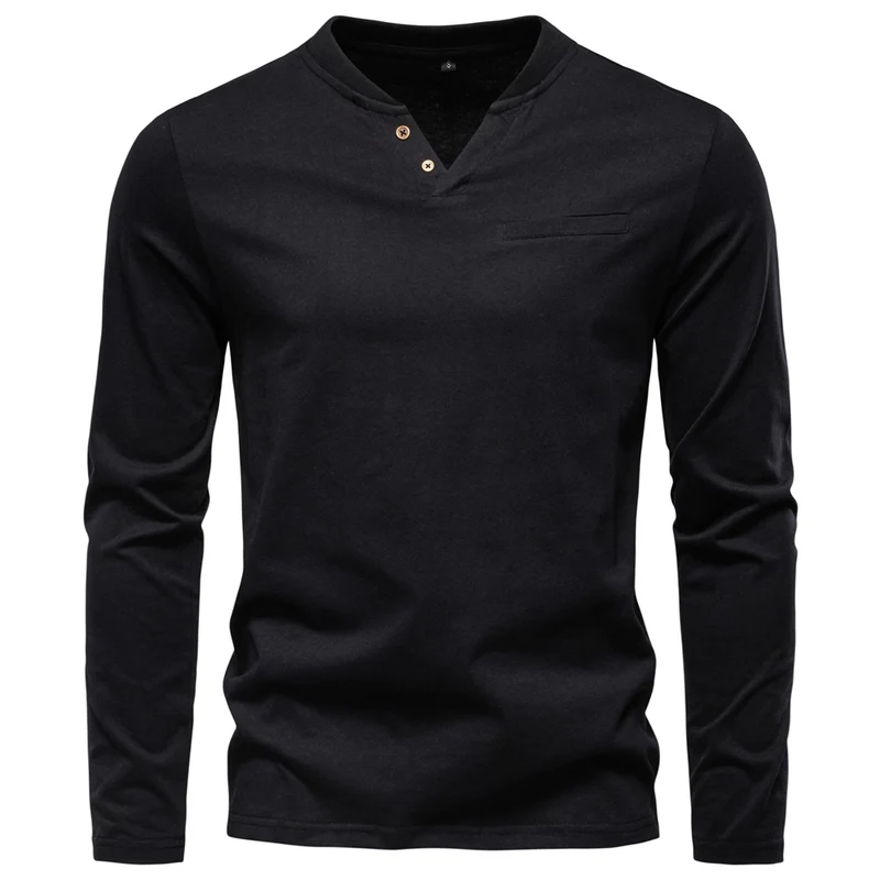 Mode puur katoenen Henley kraag lang T-shirt