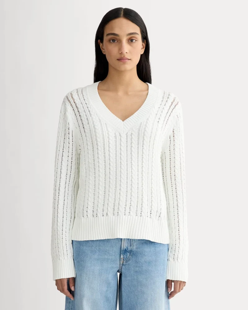 The Mesh Cable V-Neck in Everyday Cotton | White