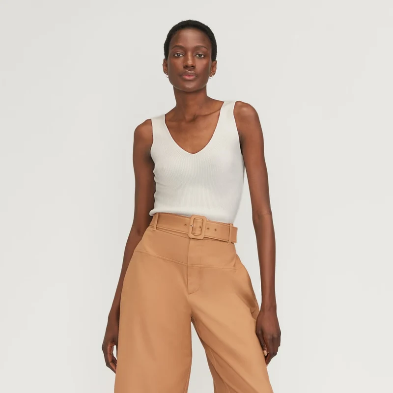 The Ribbed Cotton Double V Top | Bone