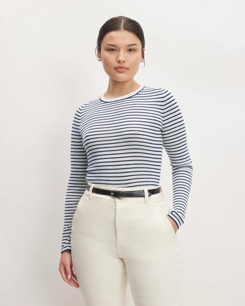 The Long-Sleeve Sweater Tee in Ultrasoft Merino | Bone/Navy