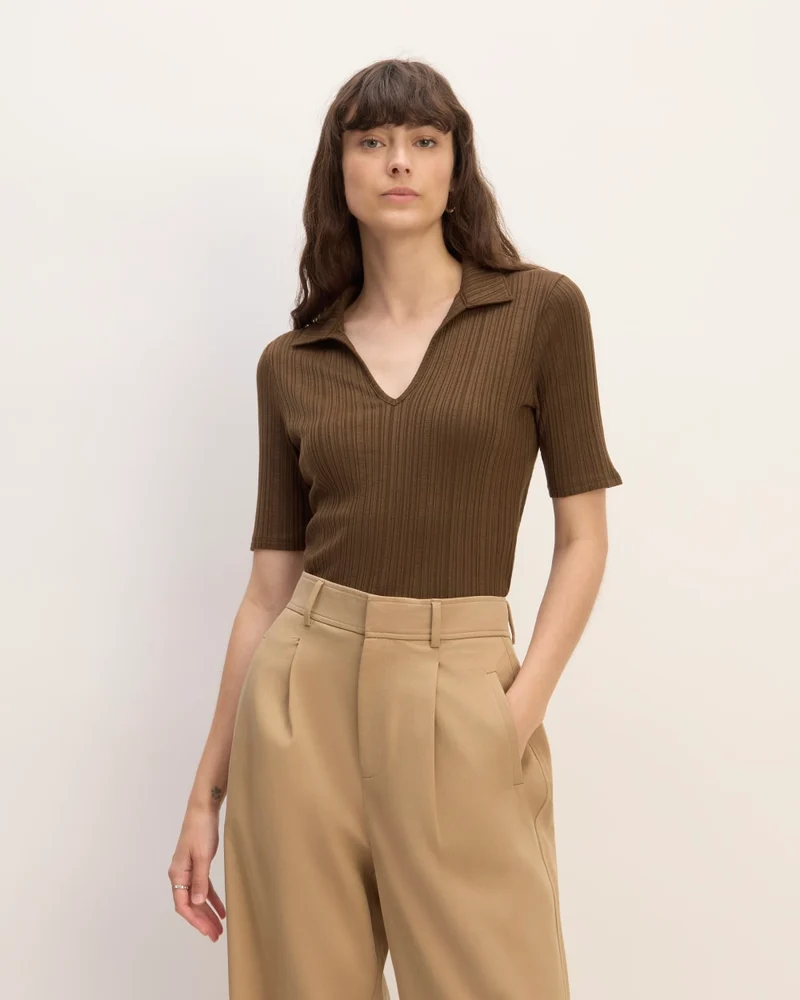 The Rib Soft Knit Open Collar Polo | Cocoa