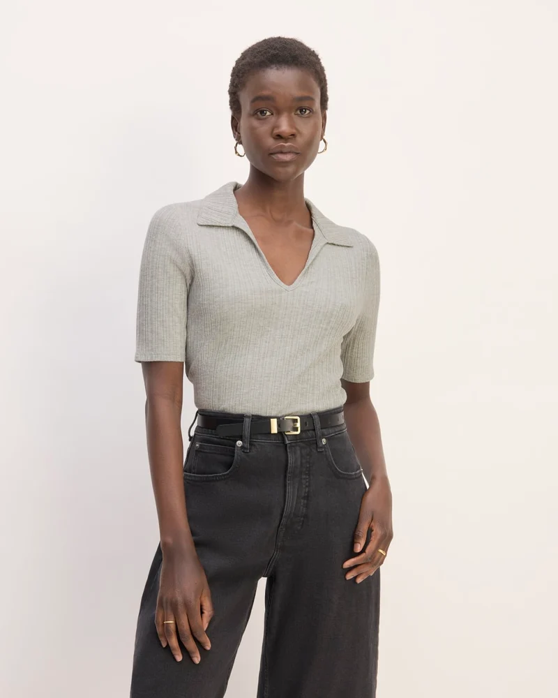 The Rib Soft Knit Open Collar Polo | Heathered Grey
