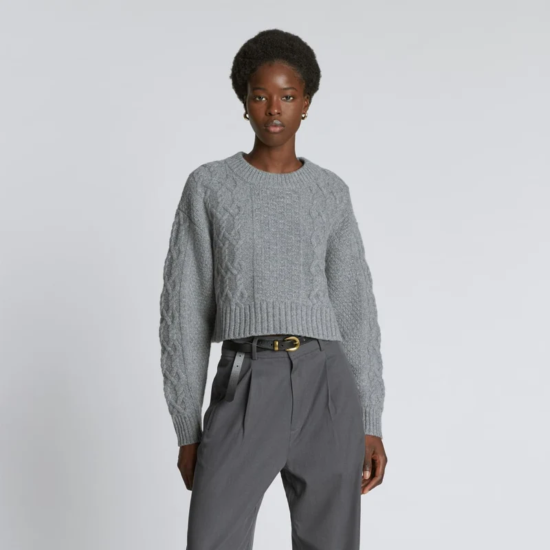The Felted Merino Cropped Cable Sweater | Heathered Mid-Grey