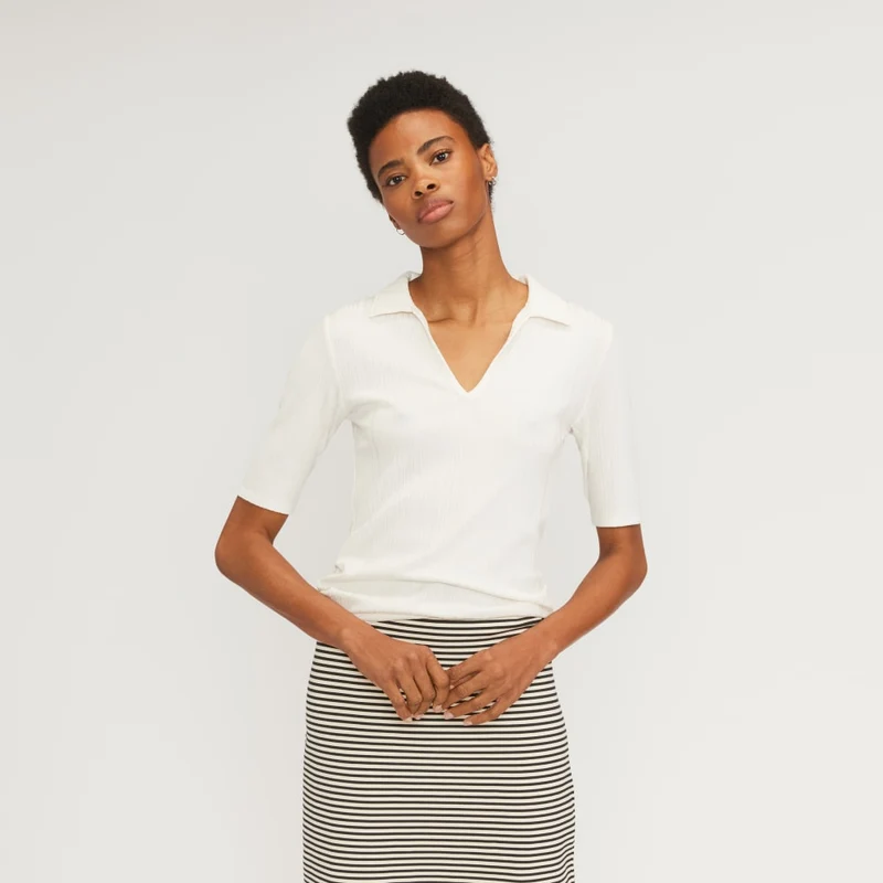 The Rib Soft Knit Open Collar Polo | Bone