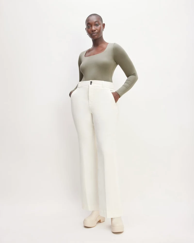 The Long-Sleeve Supima® Square-Neck Bodysuit | Dark Sage | Thong